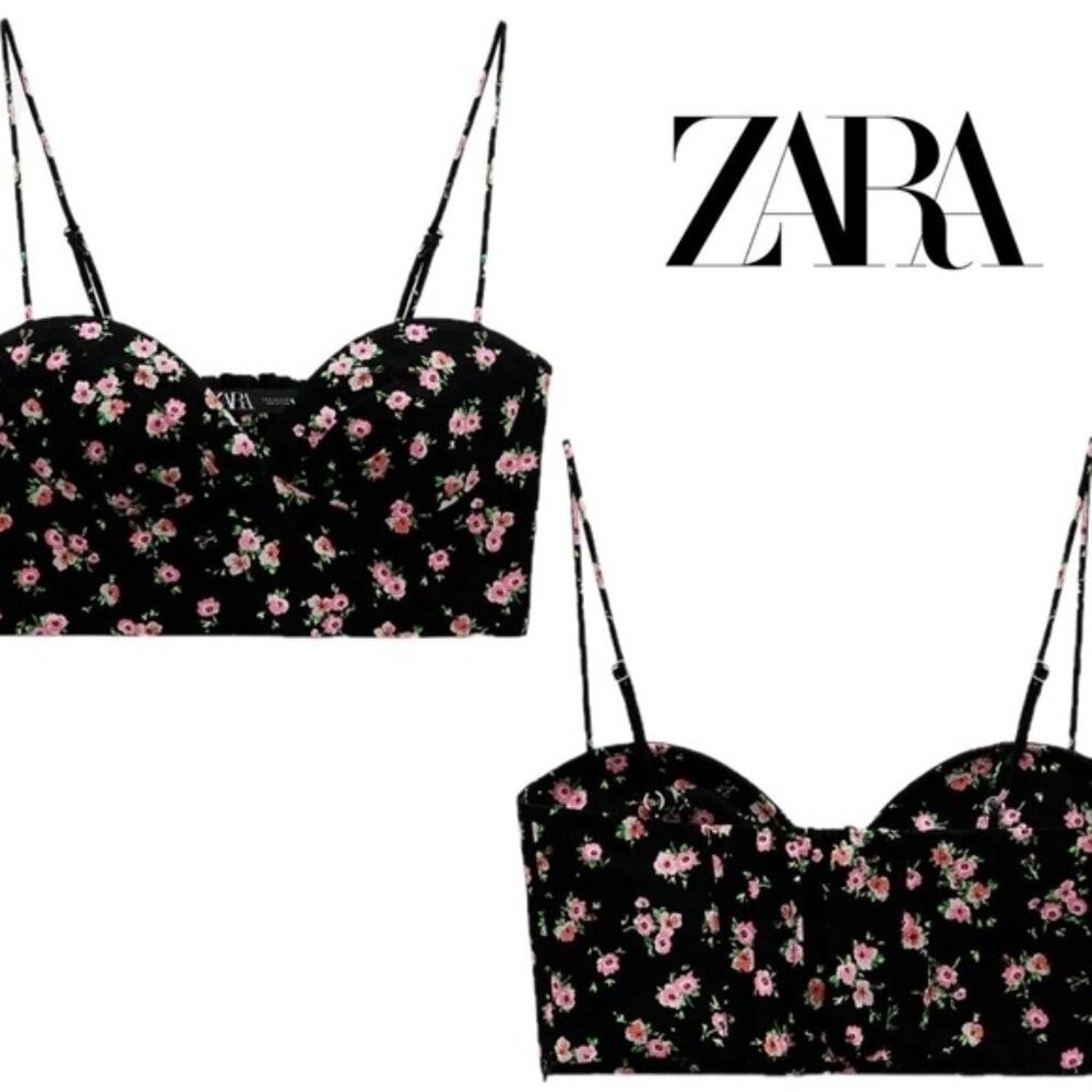 Zara black pink floral flower sweetheart spaghetti strap bustier crop top Sz XL